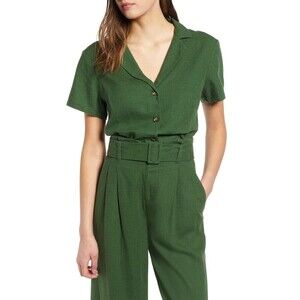 BP women's Linen Blend Crop Camp Shirt short sleeve In Green Size S